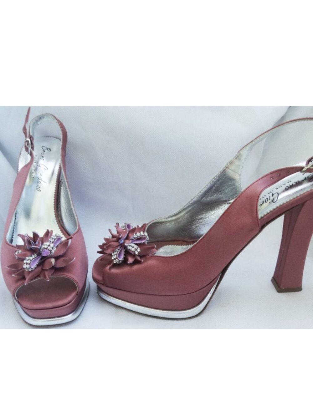 Bruno Giordano ITALY Pink Rhinestone Peep Toe Slingback Heels 41 US 10, satin
